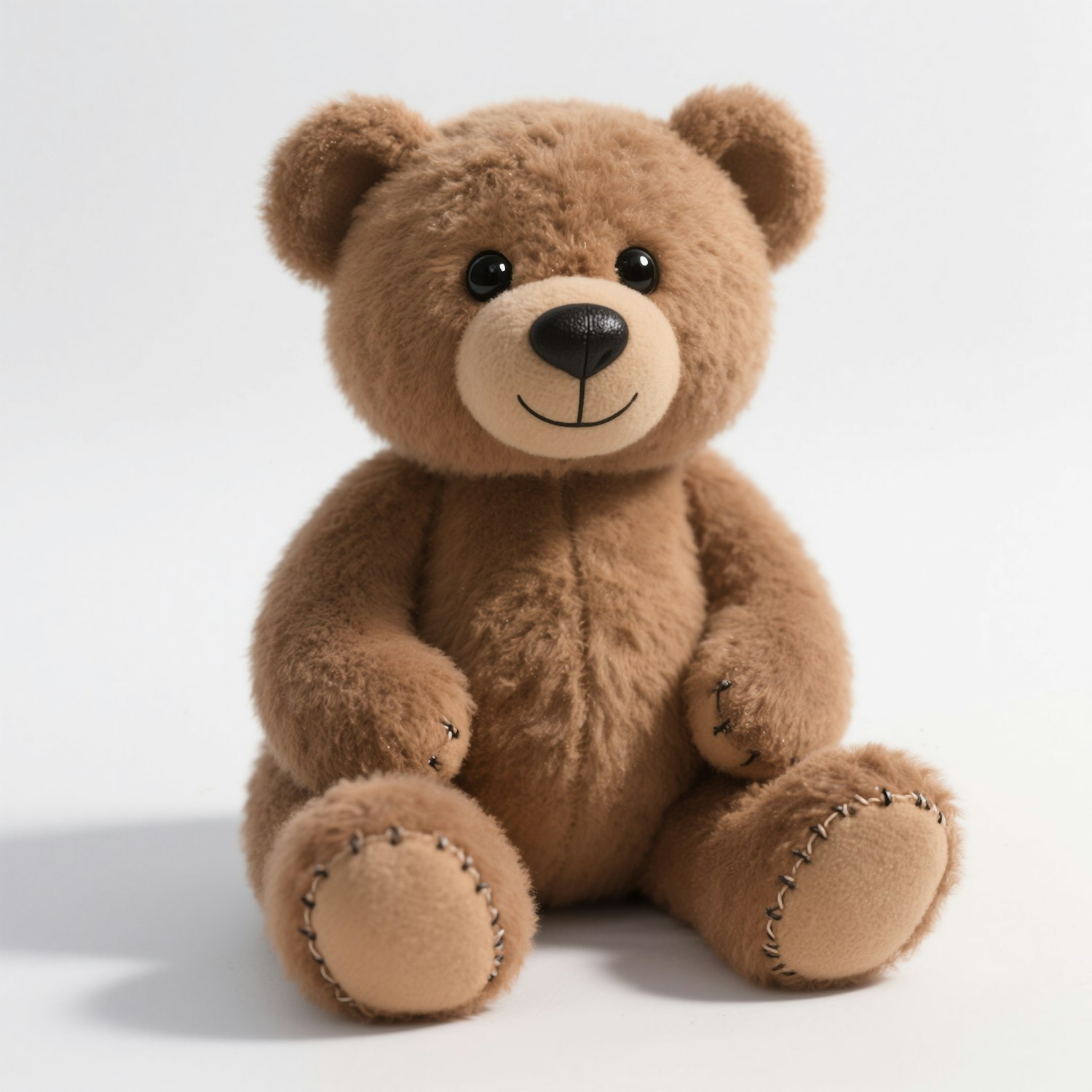 Brown plush teddy bear with stitched paw pads, sitting upright