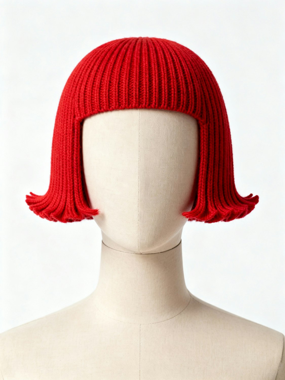 Red ribbed crochet hat shaped like a chin-length bob, shown on a mannequin