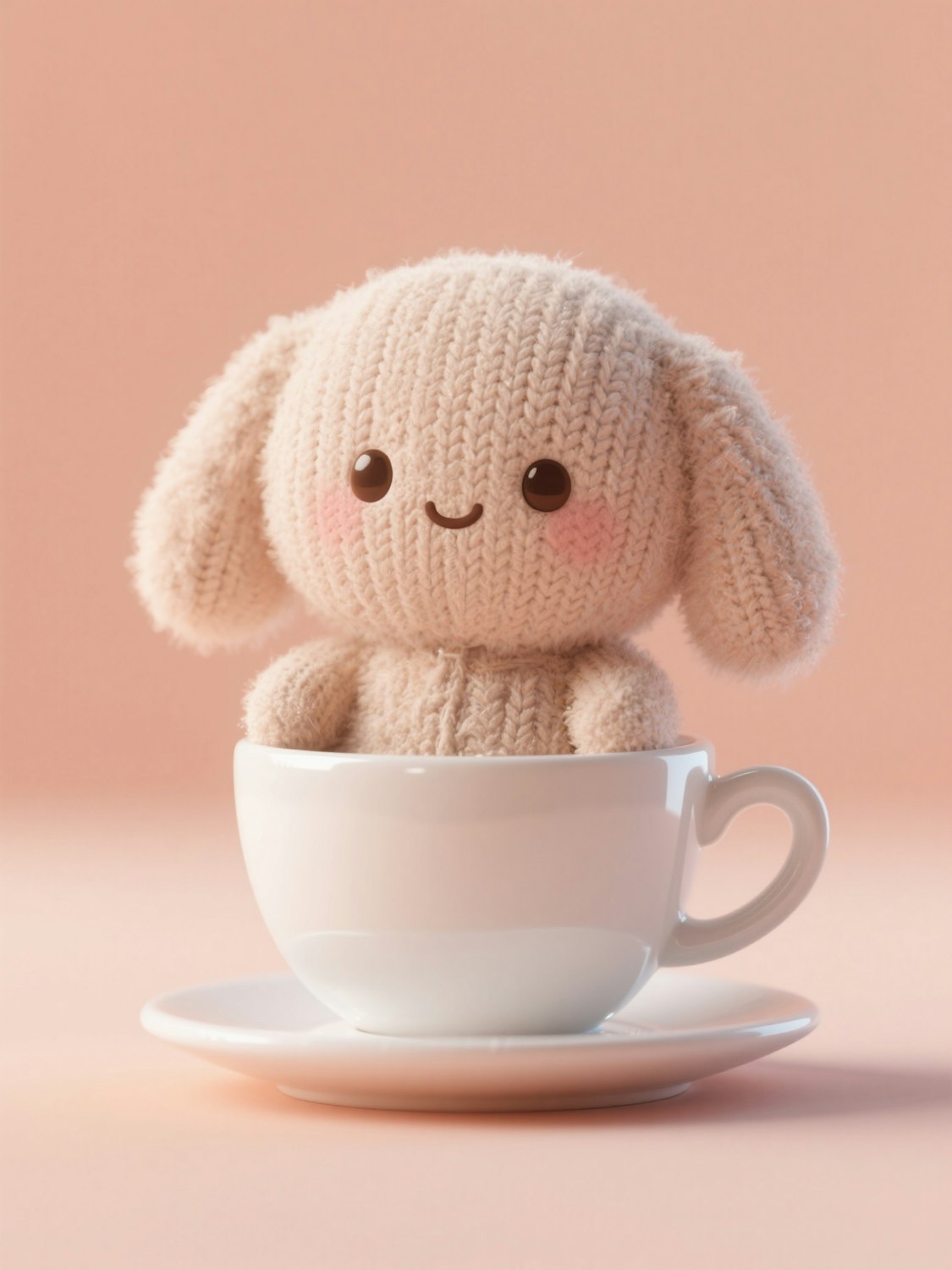 Crocheted bunny with floppy ears sitting in a white teacup