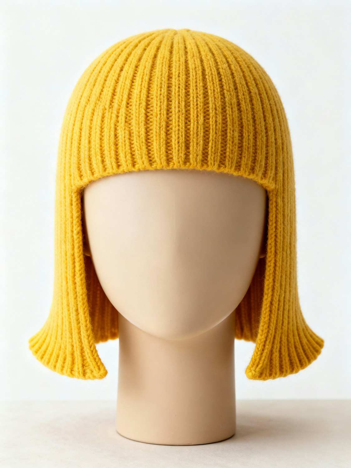 Yellow ribbed crochet hat shaped like a long bob, shown on a mannequin head