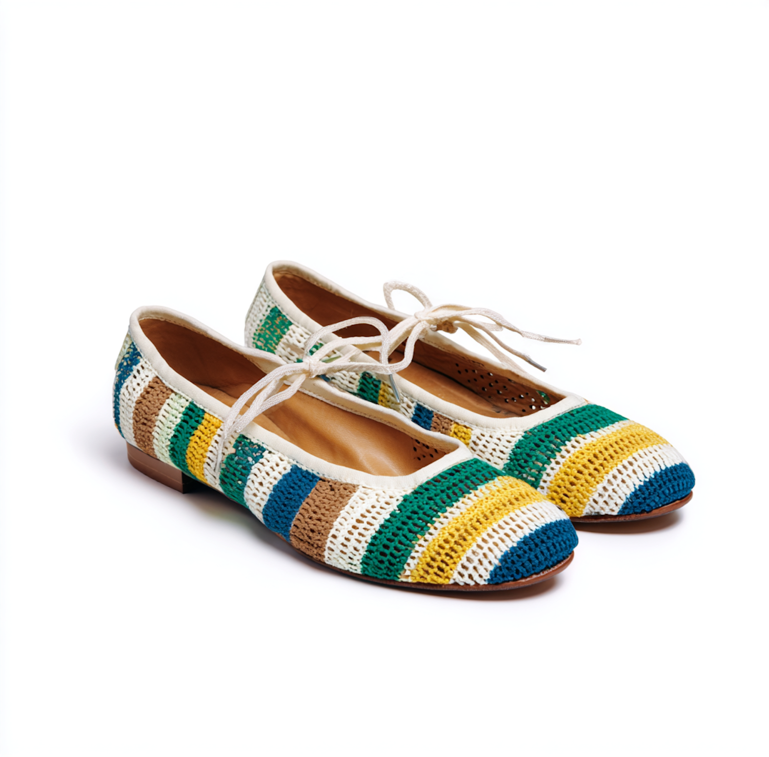Pair of striped crochet ballet flats in green, yellow, blue and cream with ankle ties